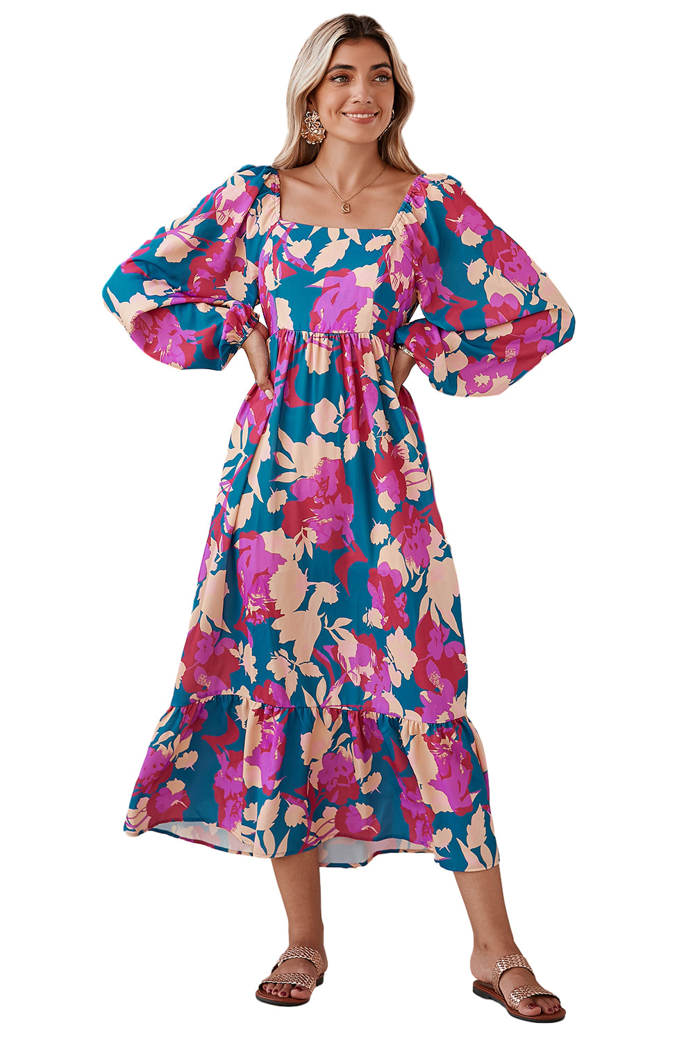 Multicolor Boho Floral Print Square Neck Ruffle Midi DressMaterial:100%Polyester



		This puff-sleeve dress brings a touch of vintage charm and whimsy
	
	
		Embrace the beauty of nature with the captivating floral pri