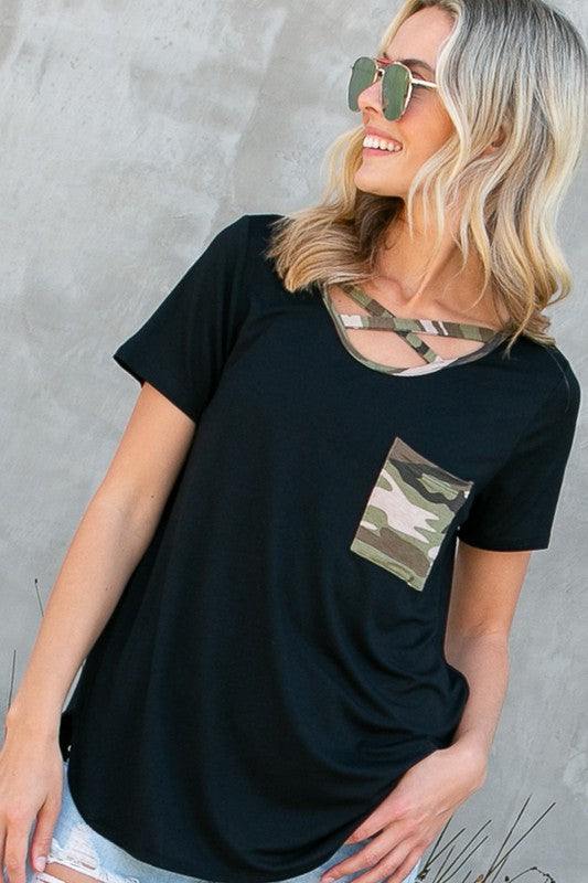 PLUS CAMOUFLAGE PRINT BASIC TOP- Plus camouflage print mixed basic top- Lace up v neck - Short sleeves and chest pocket- Camouflage print and solid jersey mixed- 1X/2X/3X 2-2-2- 95% RAYON, 5% SPAN