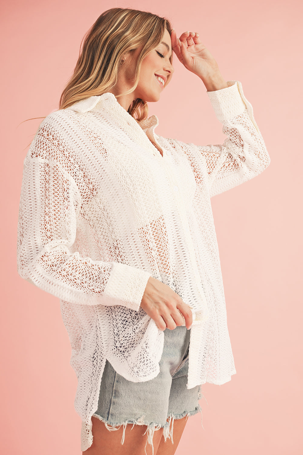 Beige Lace Crochet Collared Button Up Oversized ShirtMaterial:85%Cotton+15%Polyester

• Effortlessly elegant, the shirt exudes bohemian charm with its intricate crochet lace detailing.
• Its oversized fit offers comf