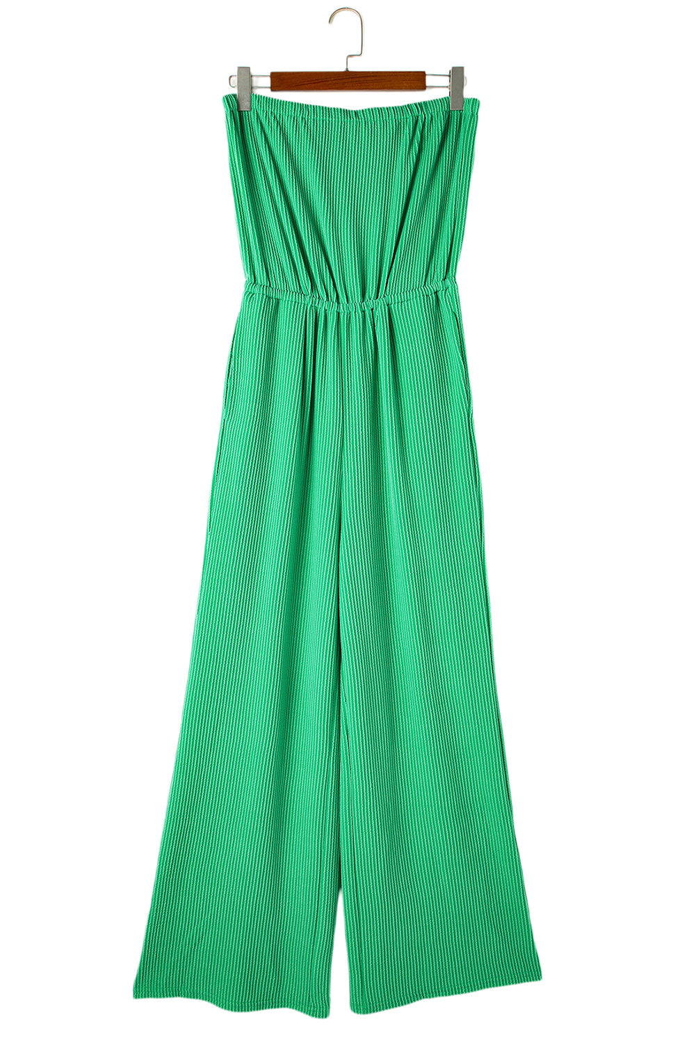 Sea Green Plain Ribbed Strapless Wide Leg JumpsuitMaterial:75%Polyester+20%Viscose+5%Elastane

• Effortlessly chic and versatile, this jumpsuit is a must-have for your summer wardrobe.
• Crafted from a breathable 