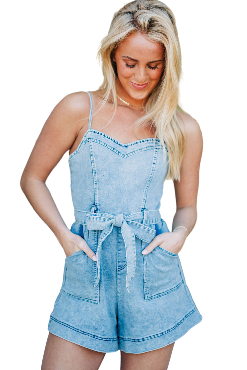 Beau Blue Spaghetti Straps Belted Denim RomperMaterial:71%Cotton+27.5%Polyester+1.5%Elastane

• Effortlessly chic, the romper is a versatile piece suitable for any occasion, from casual outings to a night on th