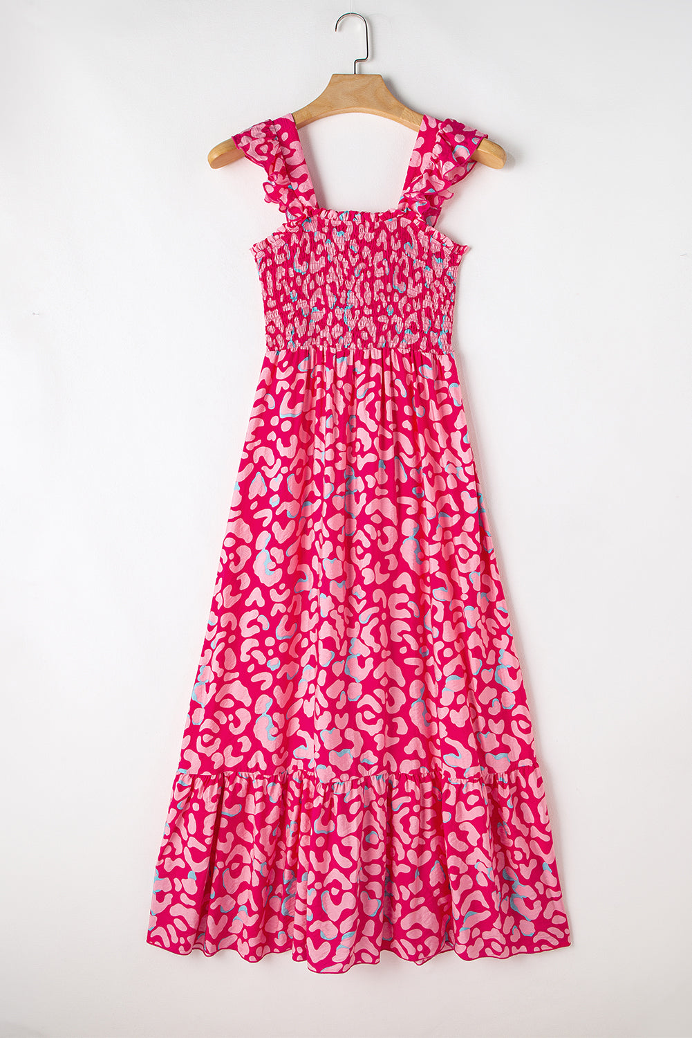 Rose Leopard Ruffle Straps Smocked High Waist Maxi DressMaterial:80%Viscose+20%Polyamide



		This dress with print is a fashionable choice for any occasion
	
	
		Its leopard print adds a trendy touch while the ruffl