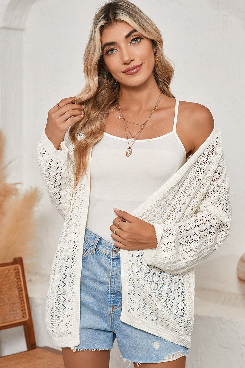 Apricot Hollow Out Crochet Knit Drop Shoulder Open Front Cardigan