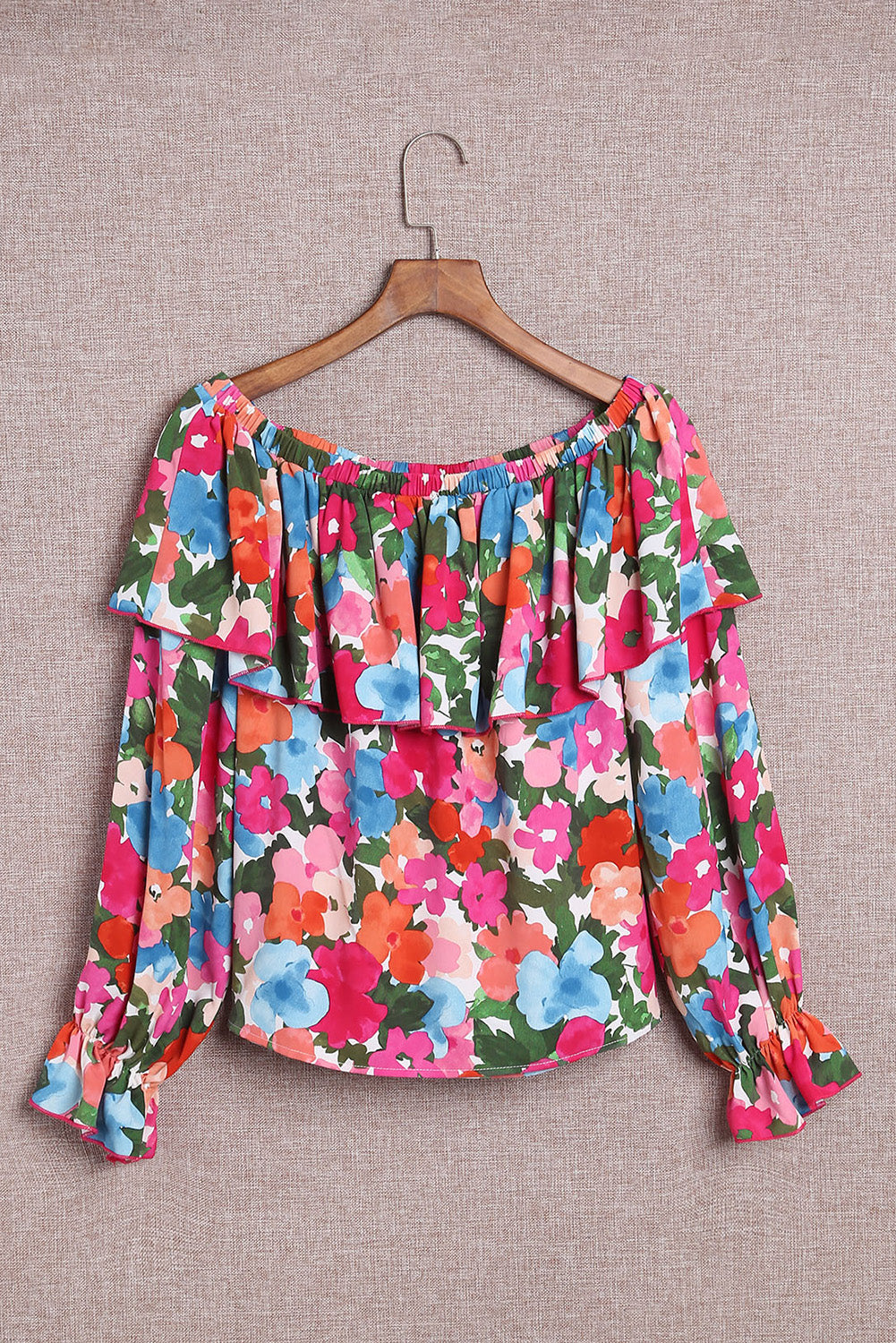 Multicolor Bohemian Floral Print Shirred Ruffle Off Shoulder BlouseMaterial:100%Polyester


	

			This floral print blouse is perfect to change a stylish summer look
		
		
			Featured with off-shoulder, puffy sleeve, and flora