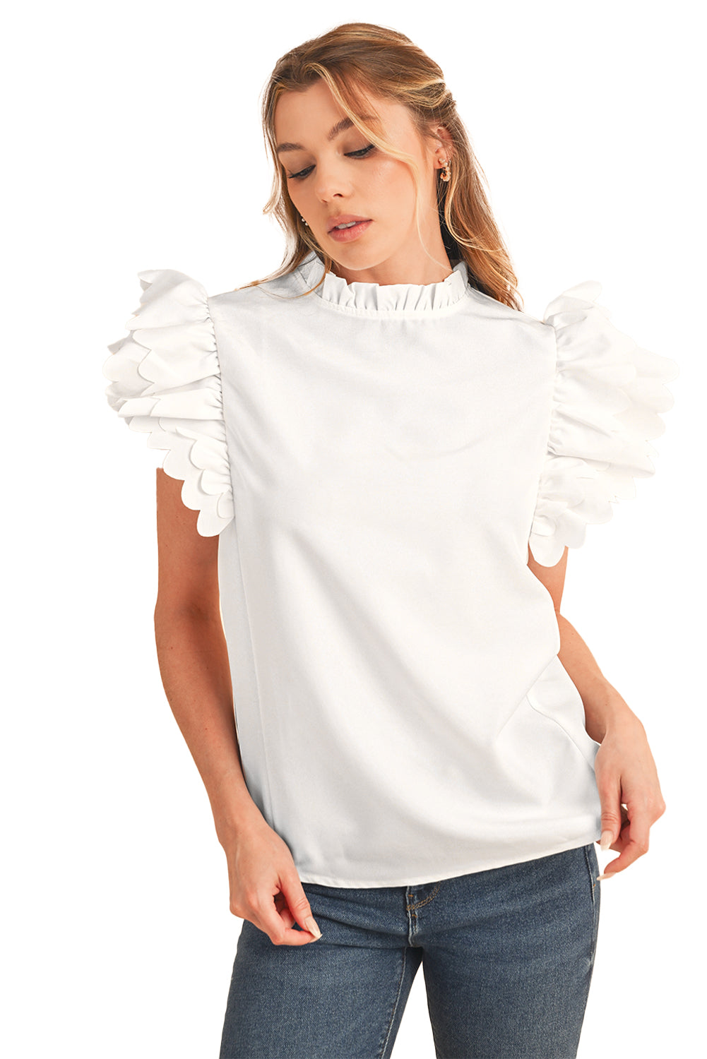 White Solid Color Scalloped Ruffle Sleeve BlouseMaterial:100%Polyester



		The blouse is a chic and feminine top featuring delicate scalloped edges and ruffle sleeves, adding a touch of elegance to your outfit.