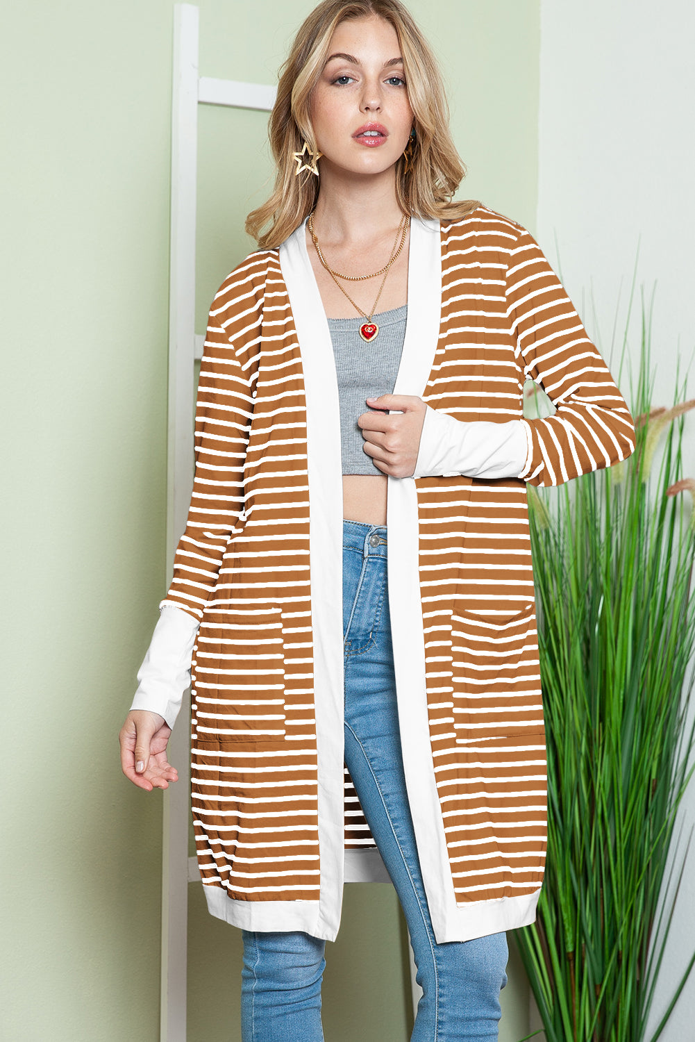 Brown Striped Side Pockets Open Front Long Cardigan