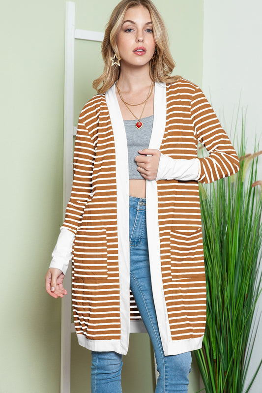 Brown Striped Side Pockets Open Front Long Cardigan