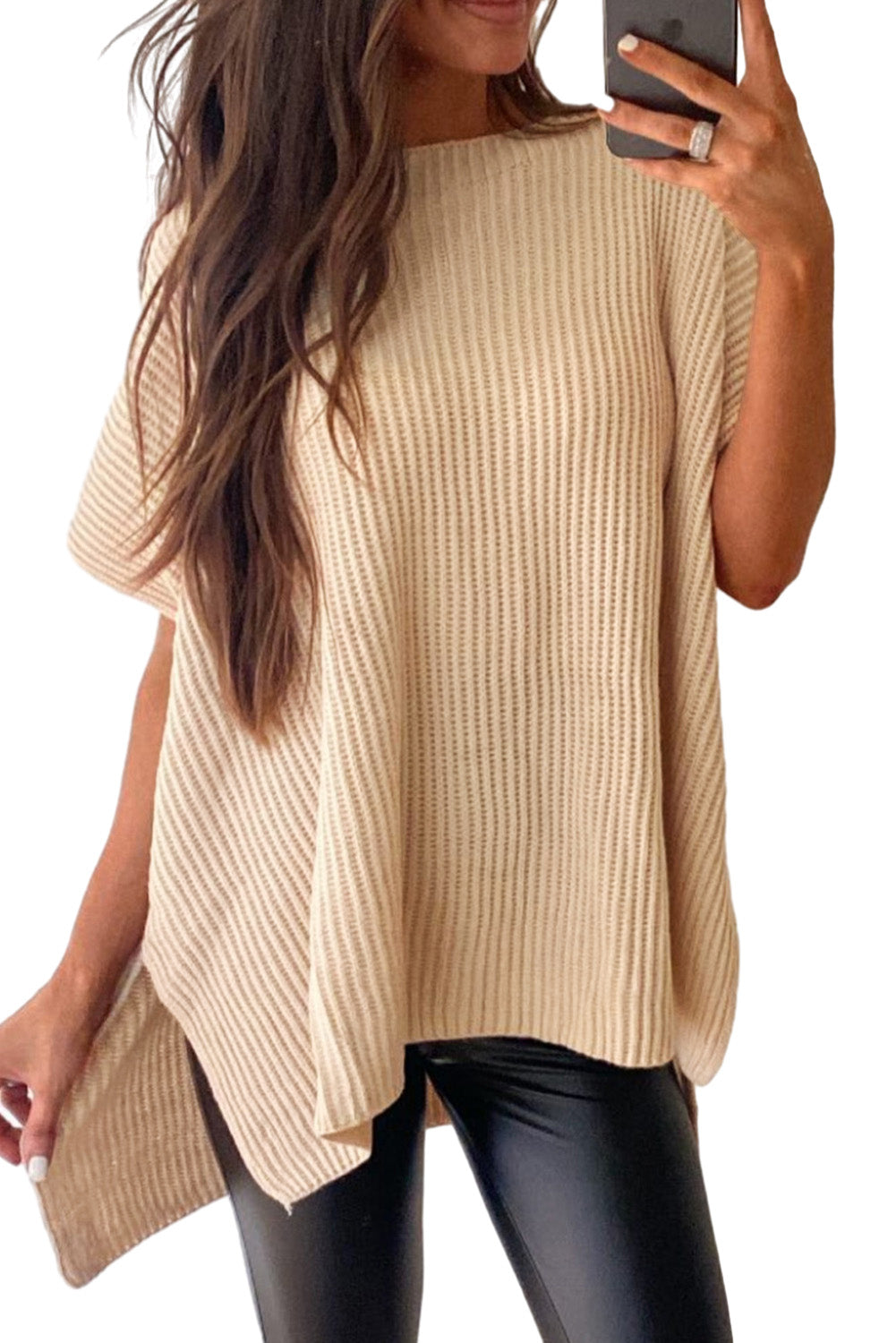 Apricot Side Slit Short Sleeve Oversized SweaterMaterial:55%Acrylic+45%Cotton



		The sweater is a comfortable and chic addition to your wardrobe. Made from breathable, lightweight, and stretchy knitted fabric,