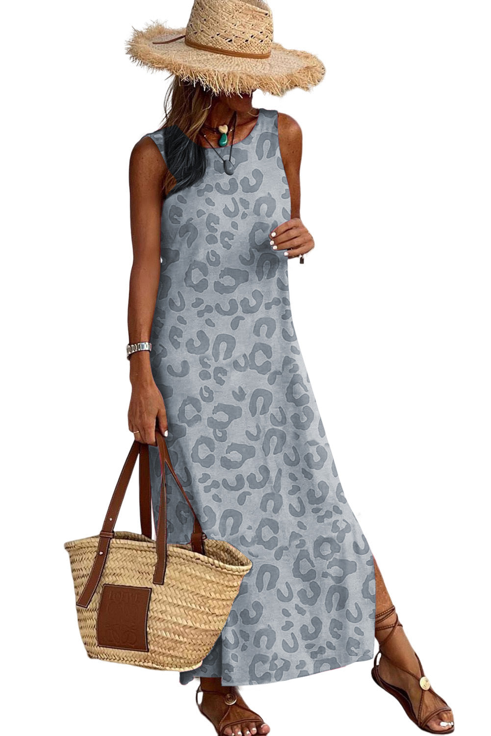 Rosy Casual Leopard Print Side Slits Sleeveless Dress