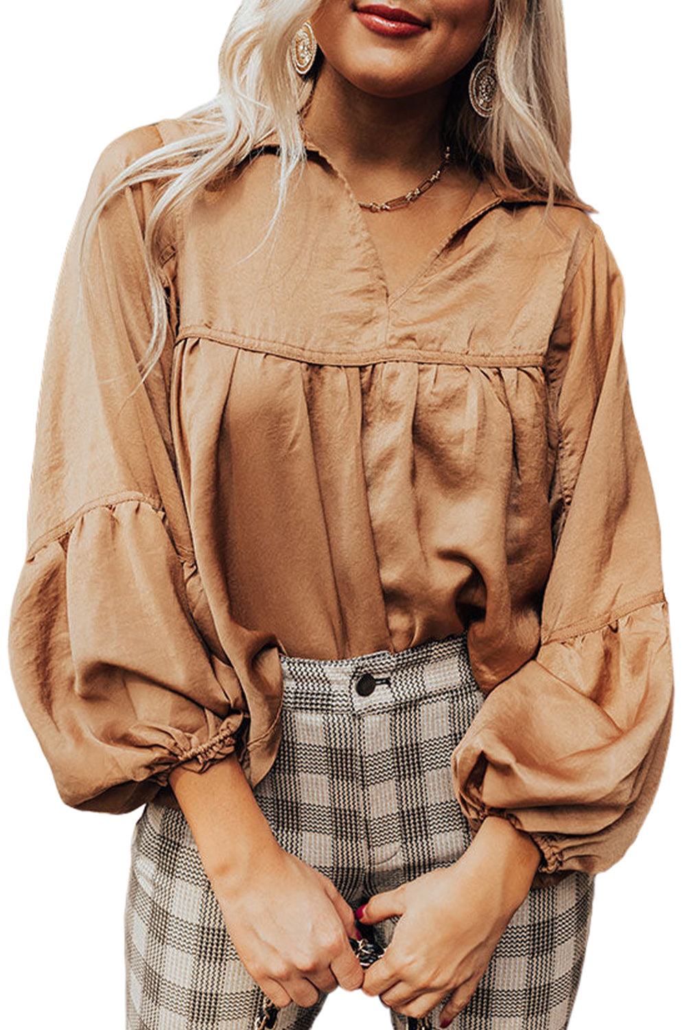 Brown Solid Color Lantern Sleeve Collared Boho TopMaterial:100%Polyester



		Made from high-quality materials for durability and comfort.
	
	
		It features 3/4 lantern sleeves and a collared neckline.
	
	
	