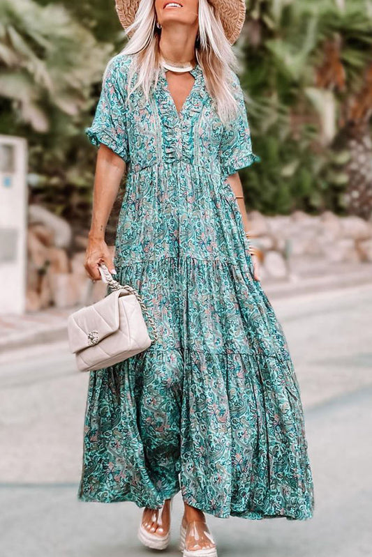 Sky Blue Paisley Print Split V Neck Tiered Boho Maxi DressMaterial:100%Polyester



		Stylish and comfortable sky blue paisley print maxi dress with a split V-neckline and tiered design.
	
	
		Eye-catching boho-inspire