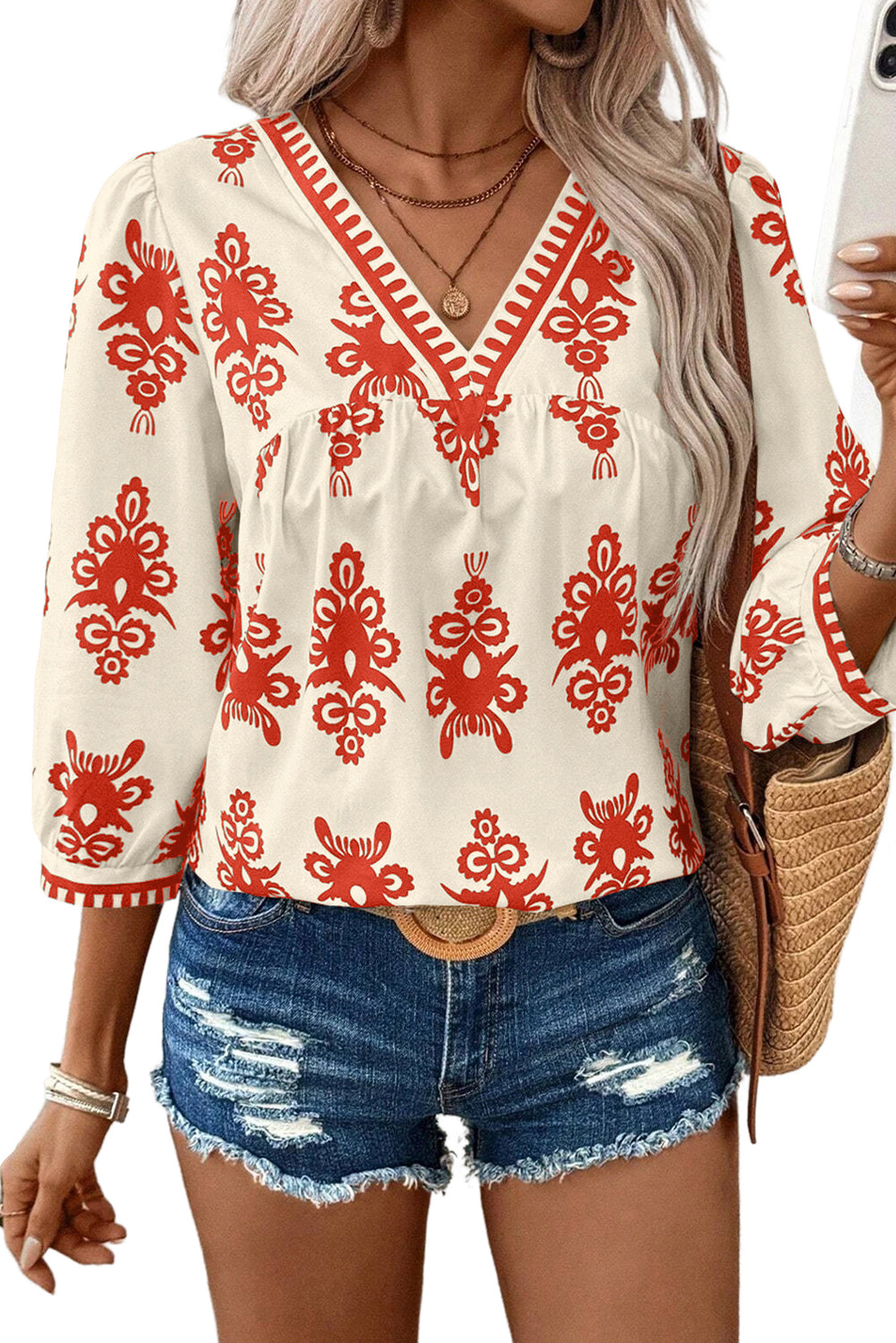 Beige Ethnic Abstract Print Puff Sleeve V Neck Blouse