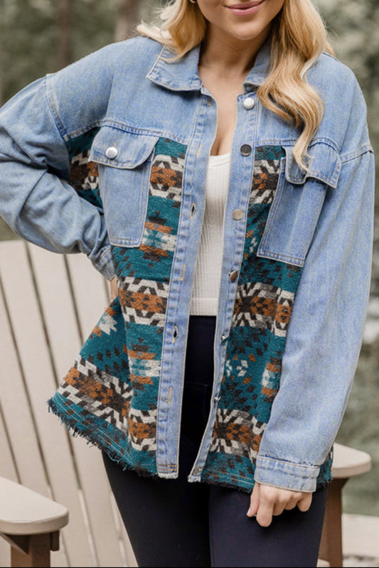 Blue Vintage Geometric Print Raw Hem Denim Jacket