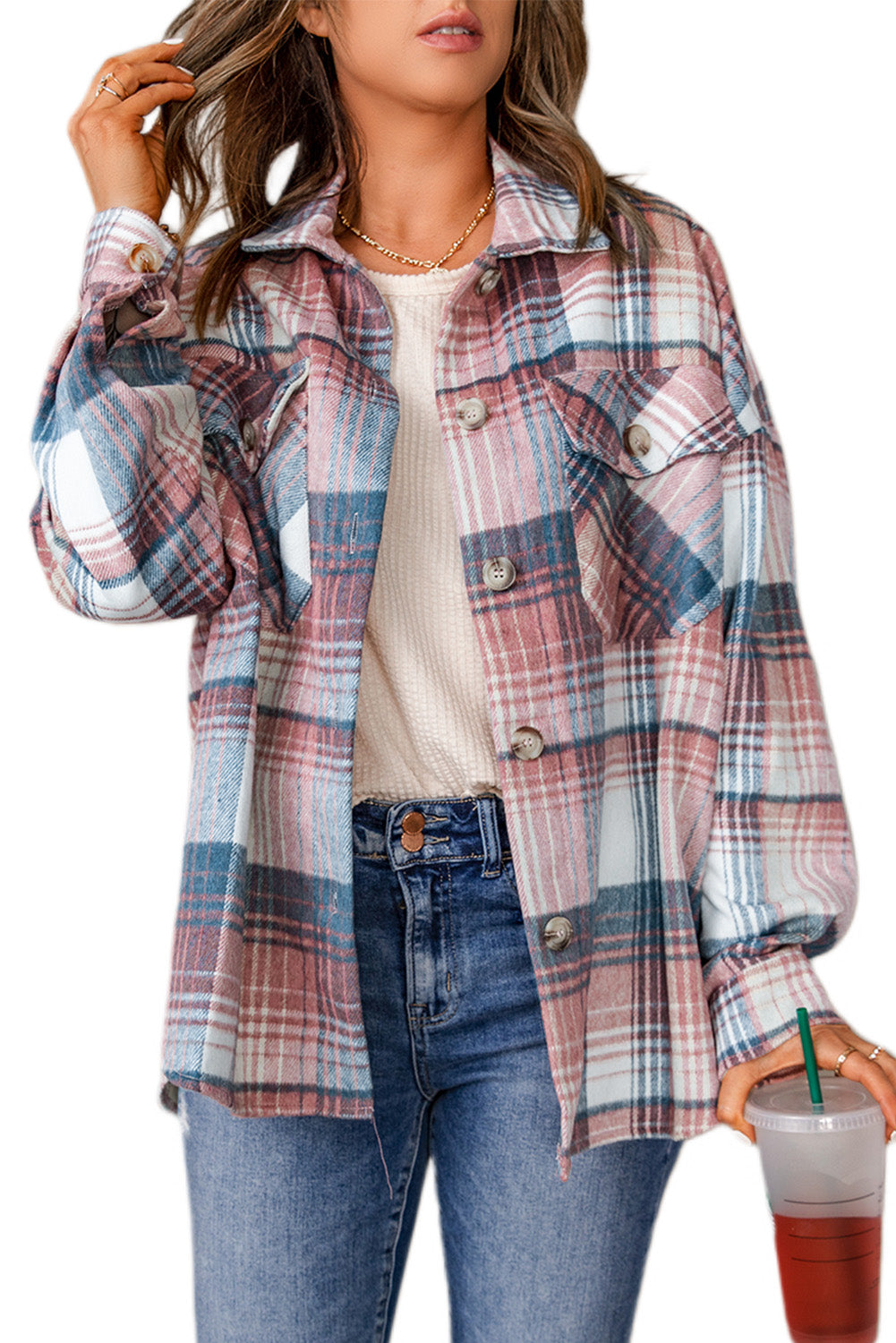 Grey Plaid Button Up Collared Flannel Shacket