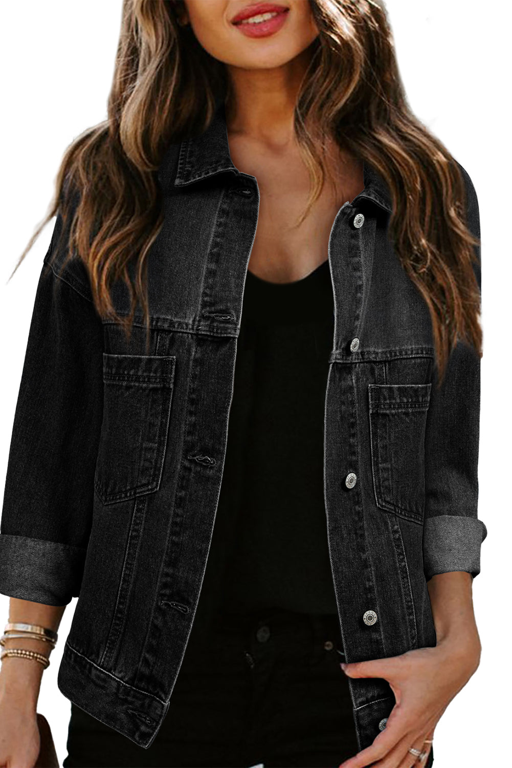 Dark Blue Washed Oversized Pocketed Denim JacketMaterial:75%Cotton+25%Polyester

• Classic dark blue denim jacket with a washed finish for a trendy, worn-in look that's perfect for casual outings or layering over