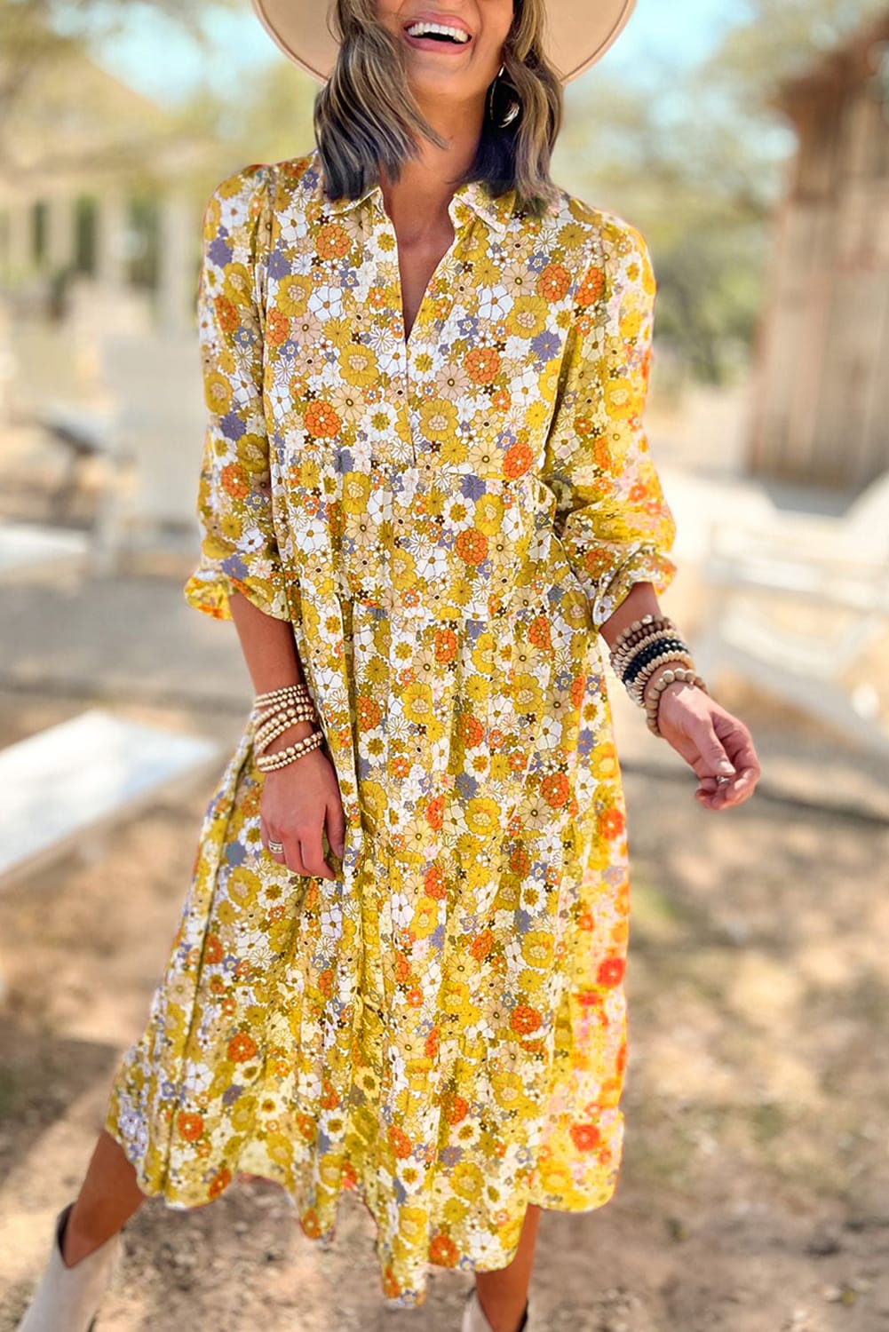 Multicolor Boho Floral Collared Long Sleeve DressMaterial:100%Polyester


	


		The dress is a whimsical and free-spirited dress that showcases a beautiful array of multicolor floral patterns.
	
	
		The coll