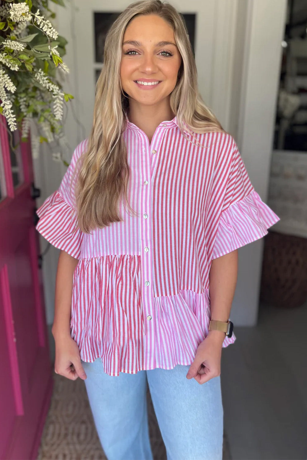 Pink Striped Patchwork Ruffle Button Up Blouse