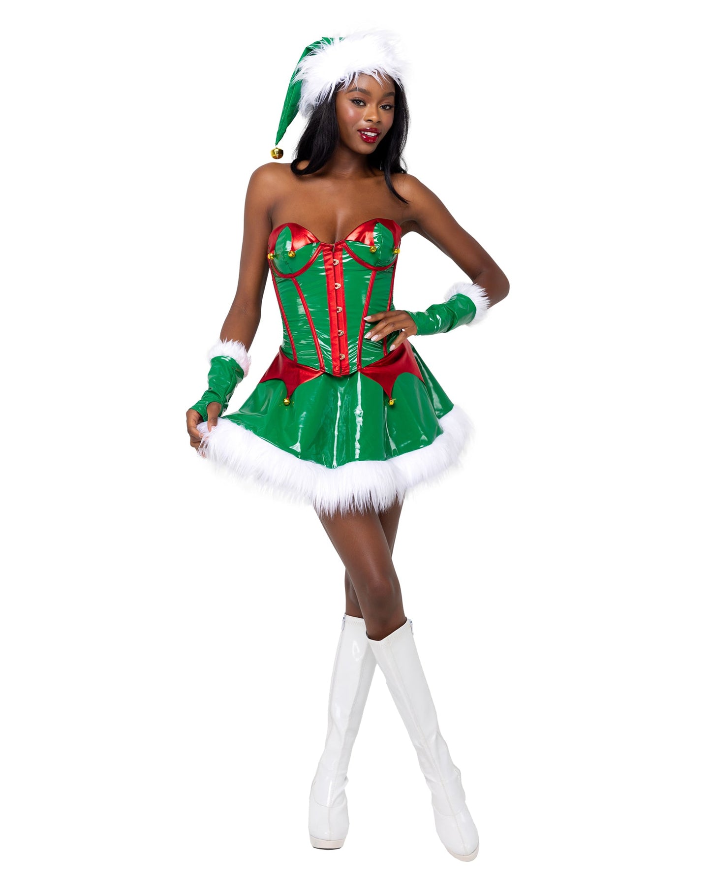 6216 - 2PC Santa's ElfIncludes Vinyl Corset with Jingle Bell Detail, and Skirt with Faux Fur Trim