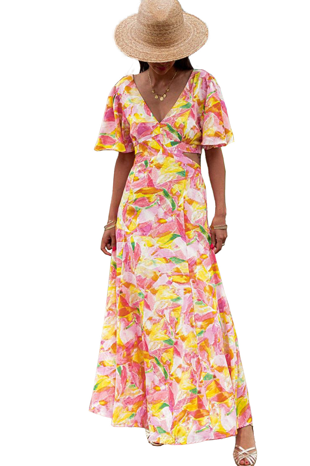 Pink Flutter Sleeve Cut-out Bohemian Floral Maxi DressMaterial:100%Polyester



		Made from a lightweight and breathable fabric, this maxi dress features flutter sleeves that create a graceful and flowy look, perfect 