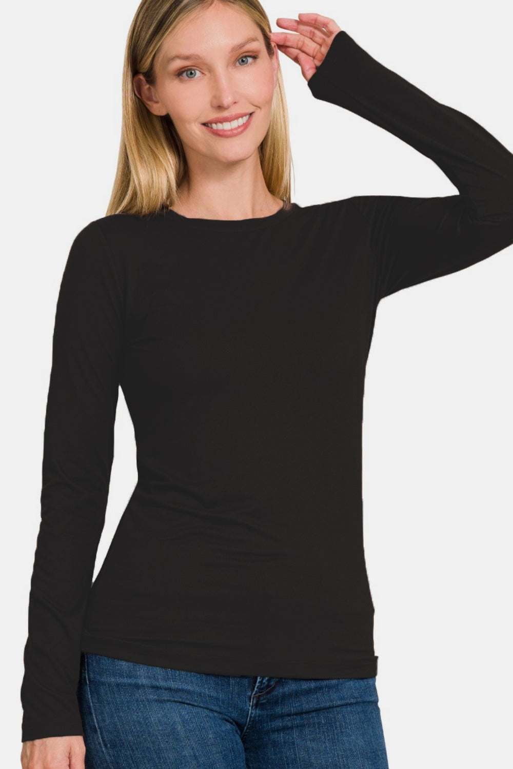 Zenana Ful Size Brushed Microfiber Long Sleeve Round Neck T-ShirtThe brushed microfiber long sleeve round neck t-shirt is a comfortable and practical addition to your wardrobe. Made from soft and lightweight microfiber fabric, thi