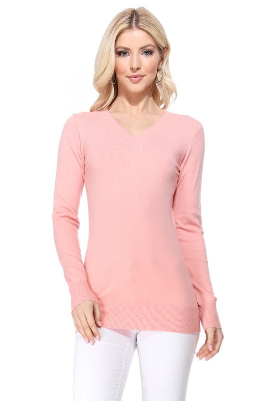 Women's Long Sleeve V-Neck Pulll Over Sweater Top- 25"-26.5" Length, V-Neck, Long Sleeve, Casual, Basic, and Classic Viscose Knitted Pullover Sweater- Lightweight Knit Pullover Sweater with High Quality Soft Viscos