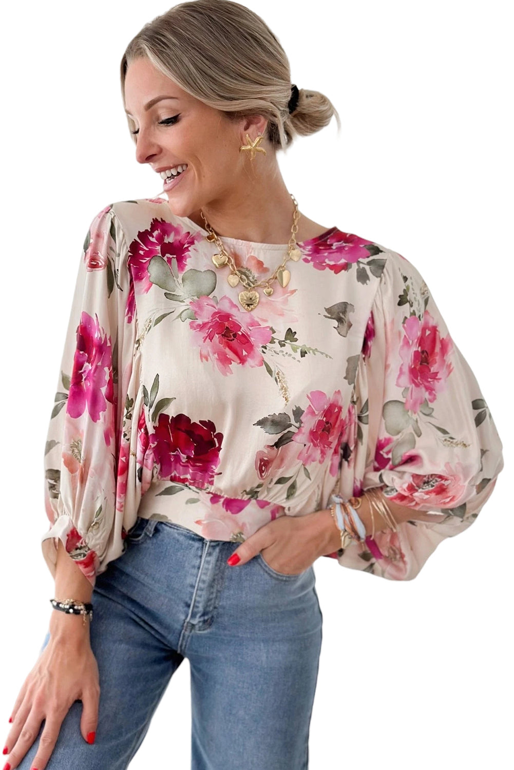 Rose Floral 3/4 Sleeve Lace-up Back BlouseMaterial:100%Polyester

• The Rose Floral 3/4 Sleeve Lace-up Back Blouse adds a touch of elegance with its delicate rose pattern and lace-up back detail.
• Featuri