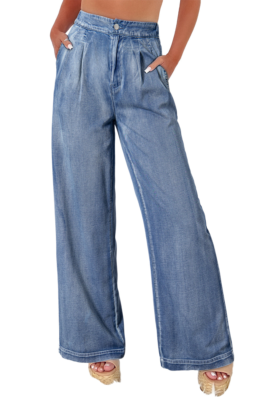 Dusk Blue Acid Wash Wide Leg High Waist JeansMaterial:95%Cotton+5%Polyester

• Crafted in a trendy dusk blue hue, these acid wash jeans exude a cool, laid-back vibe perfect for casual outings.
• The wide leg 