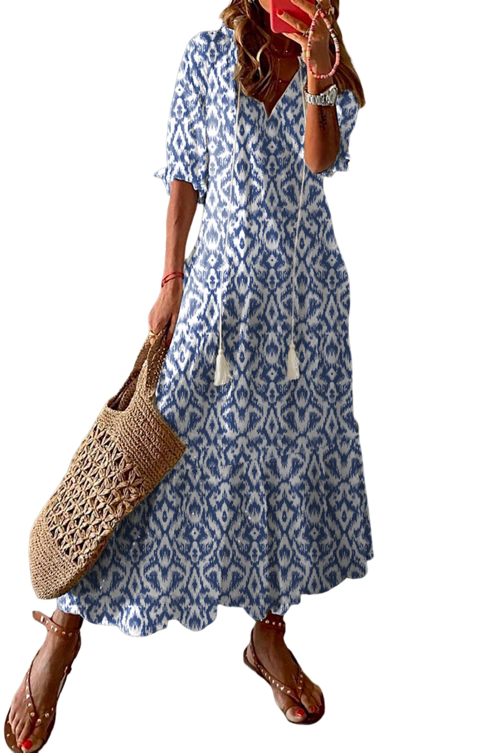 Sky Blue Geometric Print Casual V Neck Maxi DressMaterial:100%Polyester



		•Gorgeous and stylish dress in elegant blue with ruffle trim.
	
	
		•Features a split v-neck and a half-sleeve design that adds some