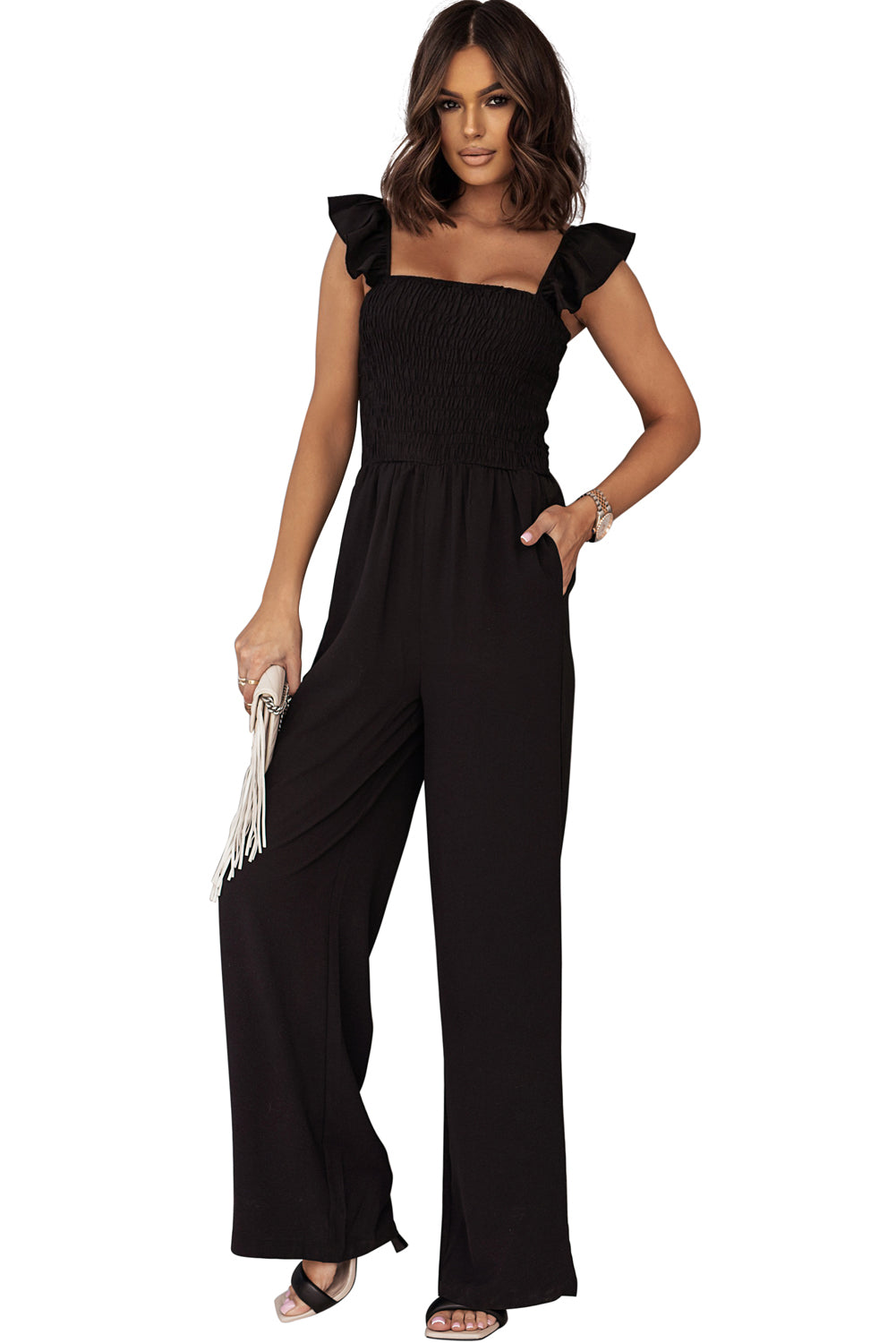 Apricot Smocked Ruffle Strap Pocket Wide Leg JumpsuitMaterial:100%Polyester



		This plain jumpsuit is sexy yet graceful with a flattering silhouette
	
	
		Flutter sleeves, square neck, smocked bodice and wide le