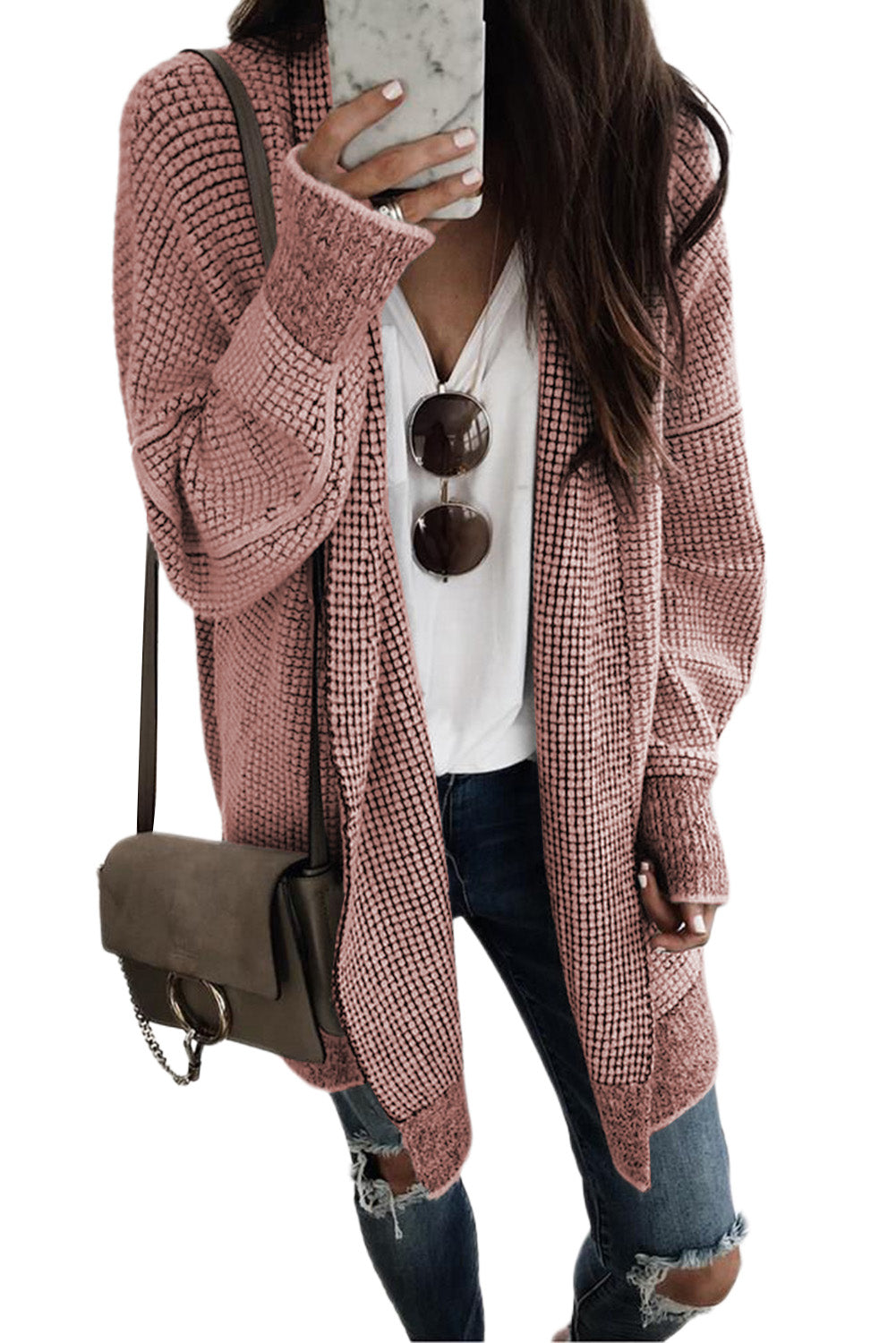 Grey Plaid Contrast Trim Casual Knit Cardigan