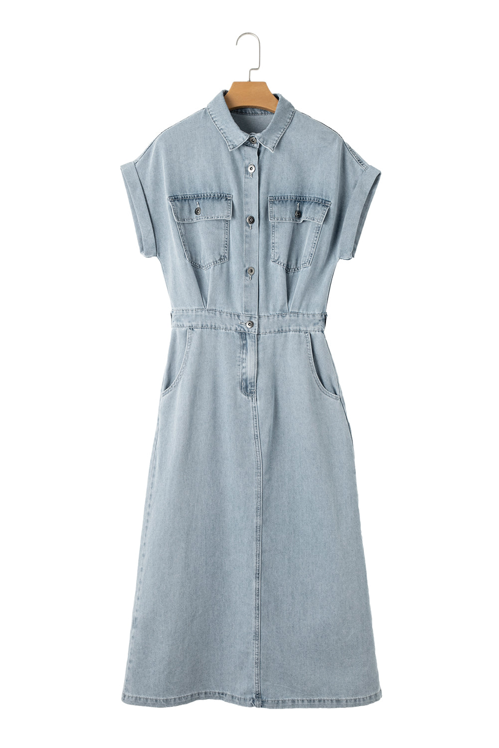 Beau Blue Short Batwing Sleeve Slit Back Denim Maxi DressMaterial:82%Cotton+10%Polyester+8%Viscose



		Embrace a vintage-inspired look with this denim dress featuring a light wash hue. 
	
	
		The classic and popular 