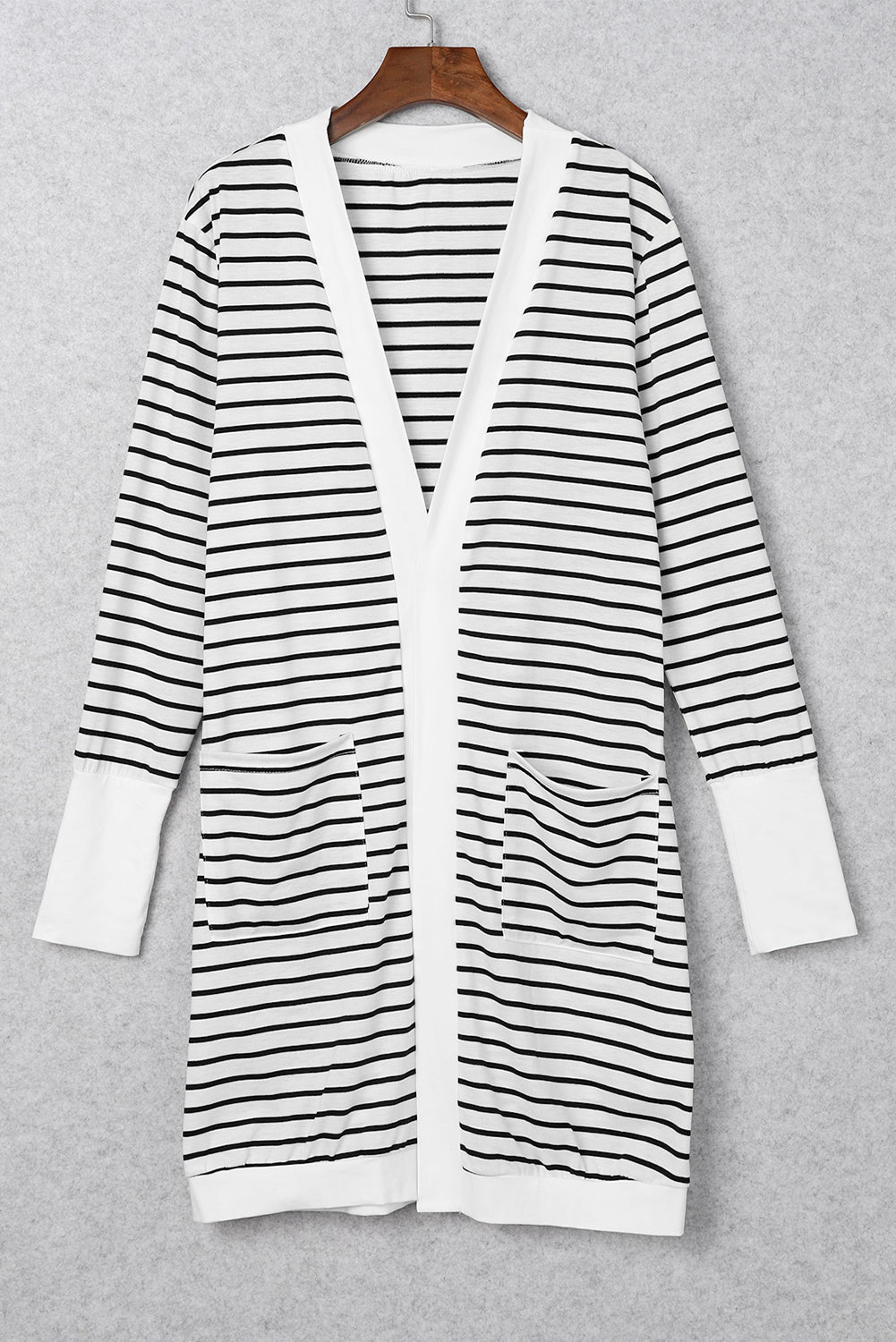 Brown Striped Side Pockets Open Front Long Cardigan