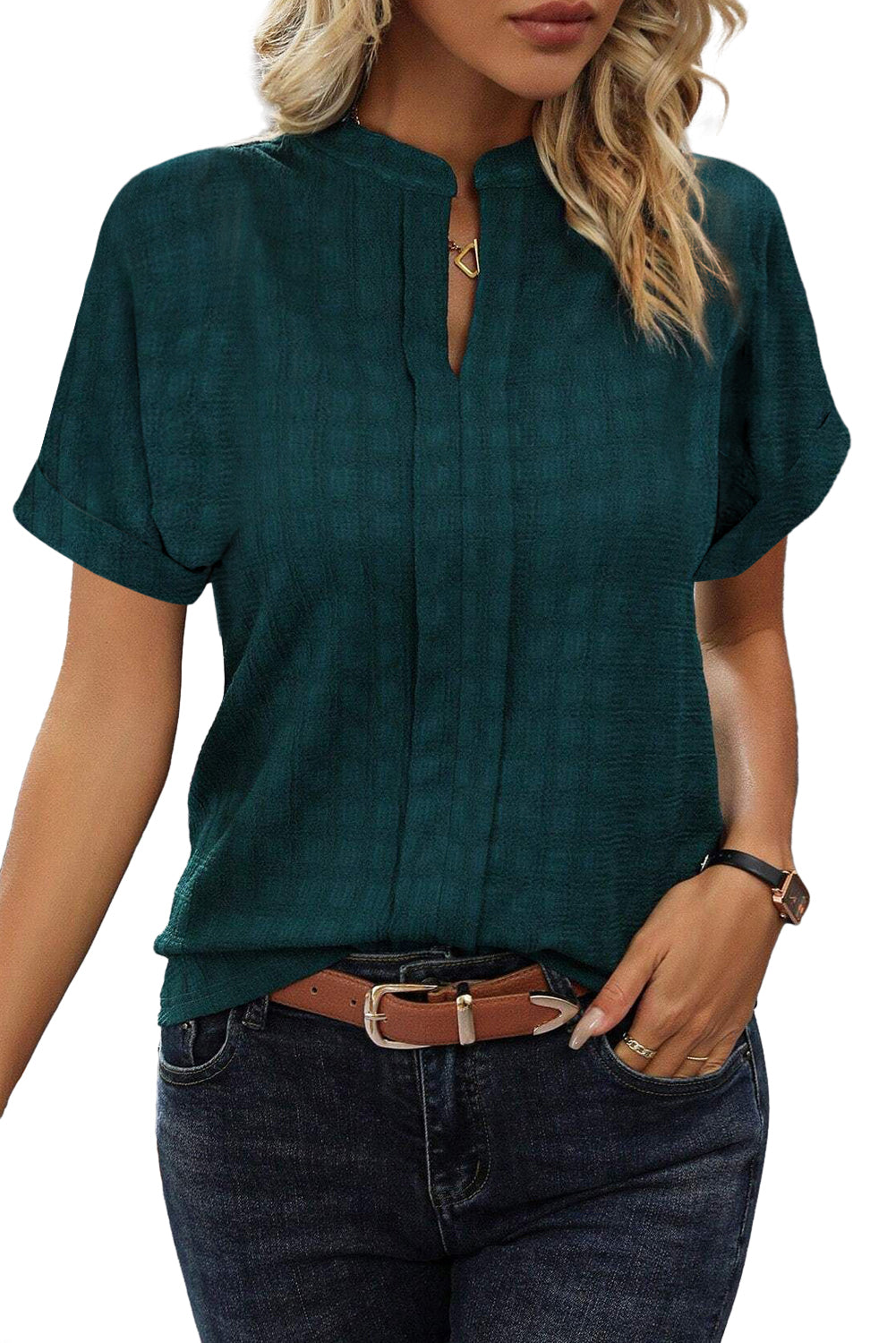 Sea Green Textured Split V-Neck Short Sleeve BlouseWith its flattering split V-neckline, this blouse adds a touch of elegance and sophistication to any outfit.
	
	
		The short sleeves provide a comfortable and bre