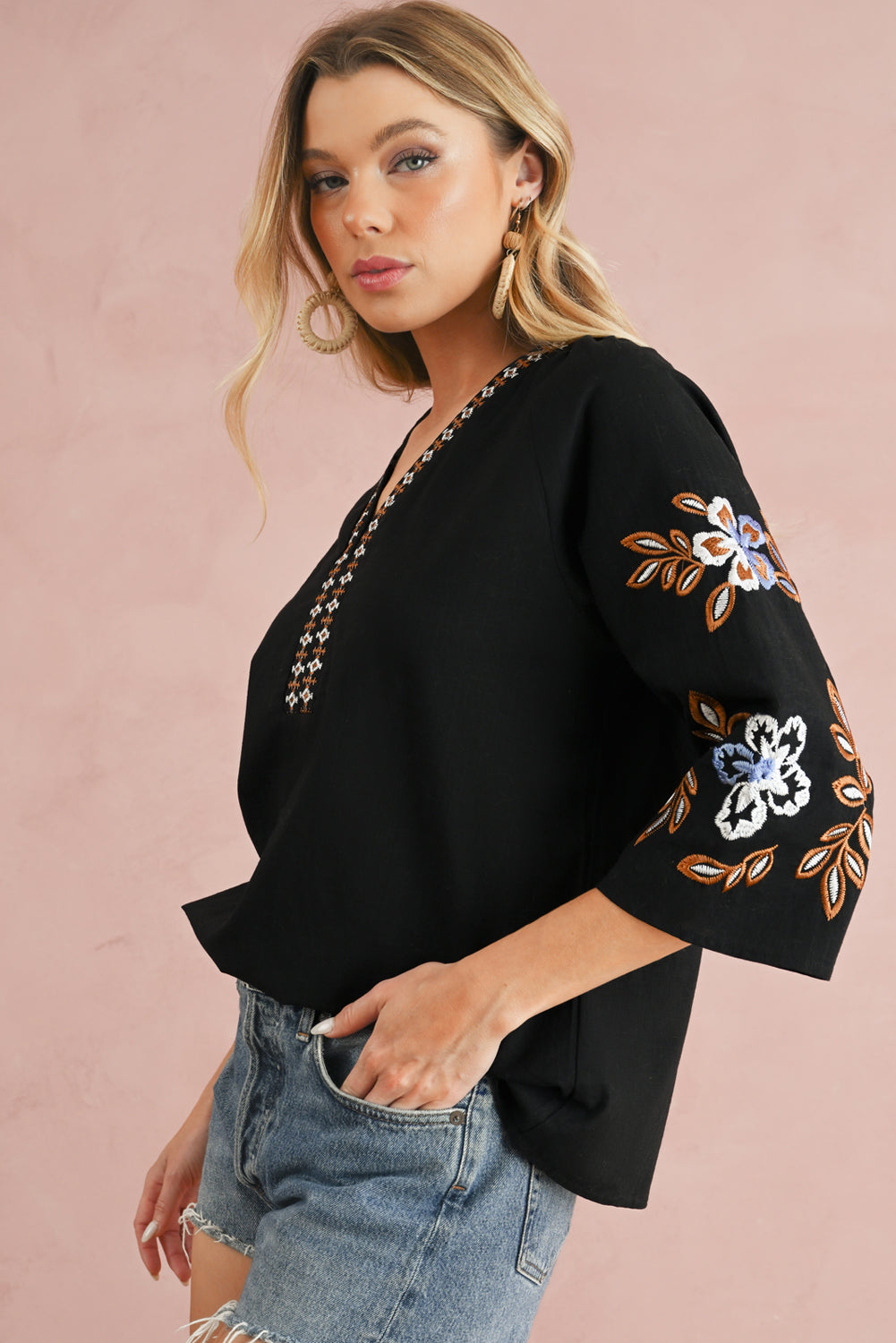 Black Floral Embroidered Sleeve Bohemian V Neck Blouse