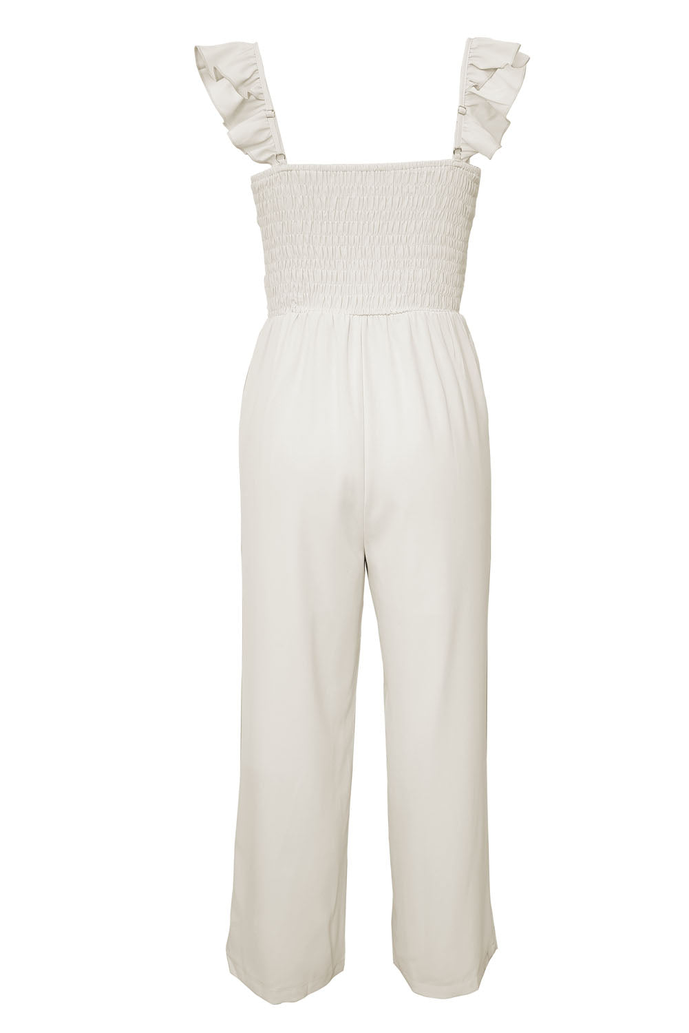 Apricot Smocked Ruffle Strap Pocket Wide Leg JumpsuitMaterial:100%Polyester



		This plain jumpsuit is sexy yet graceful with a flattering silhouette
	
	
		Flutter sleeves, square neck, smocked bodice and wide le