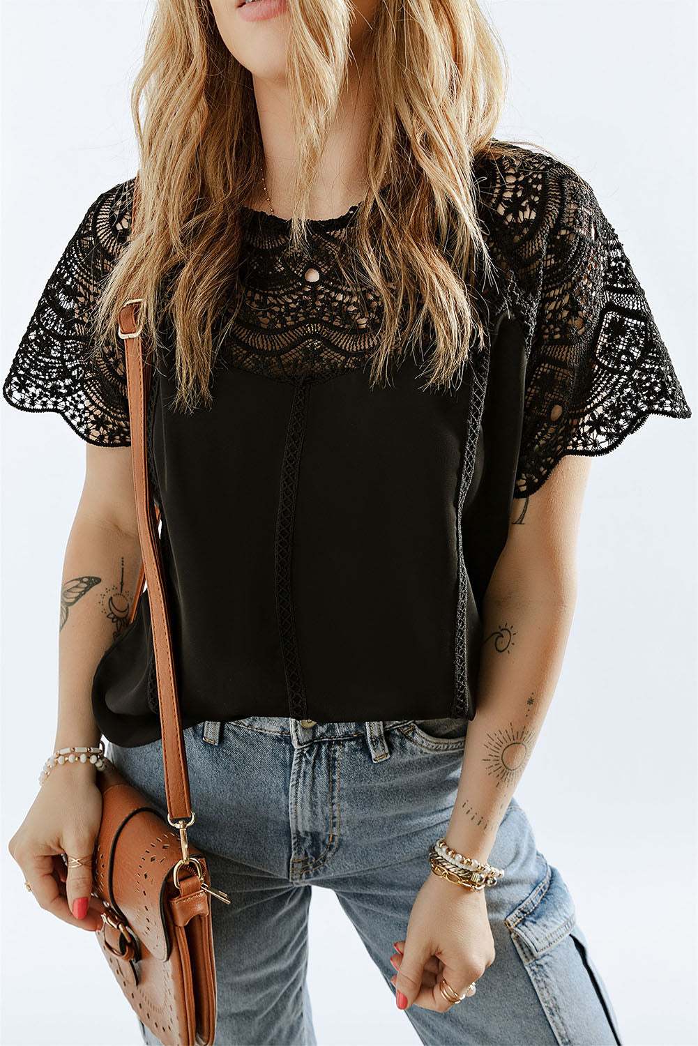 Black Lace Crochet Casual Short Sleeve Blouse