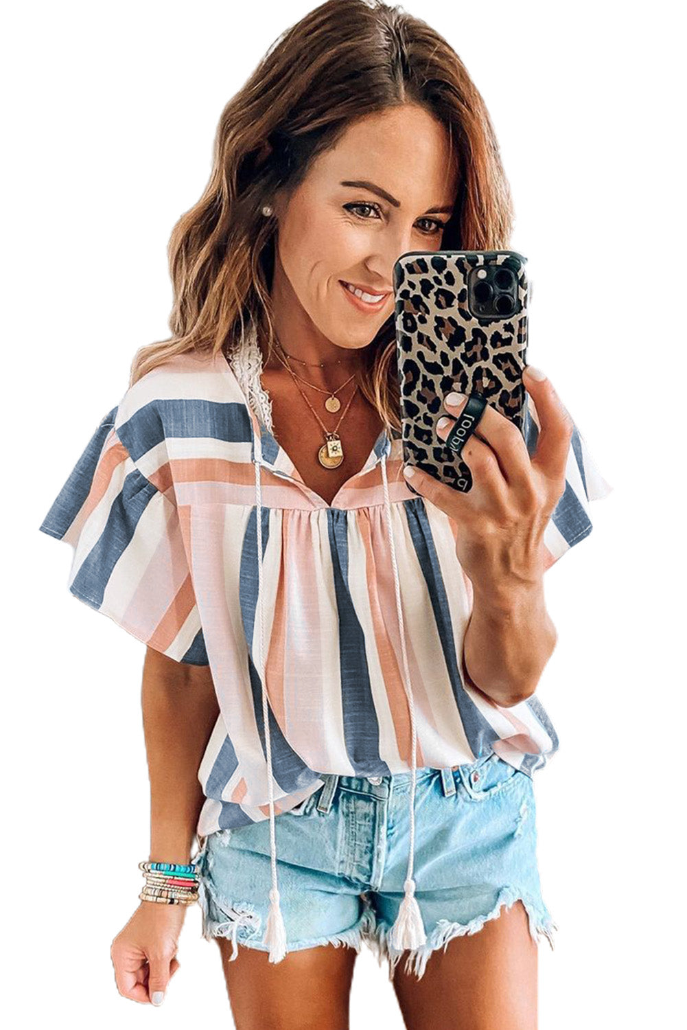 Pink and Blue Stripes Shirt Flutter Sleeve V Neck BlouseMaterial:100%Polyester


	•This simple striped print top looks very stylish and casual, and you'll get a lot of compliments wearing it 


	•Drawstring neckline 