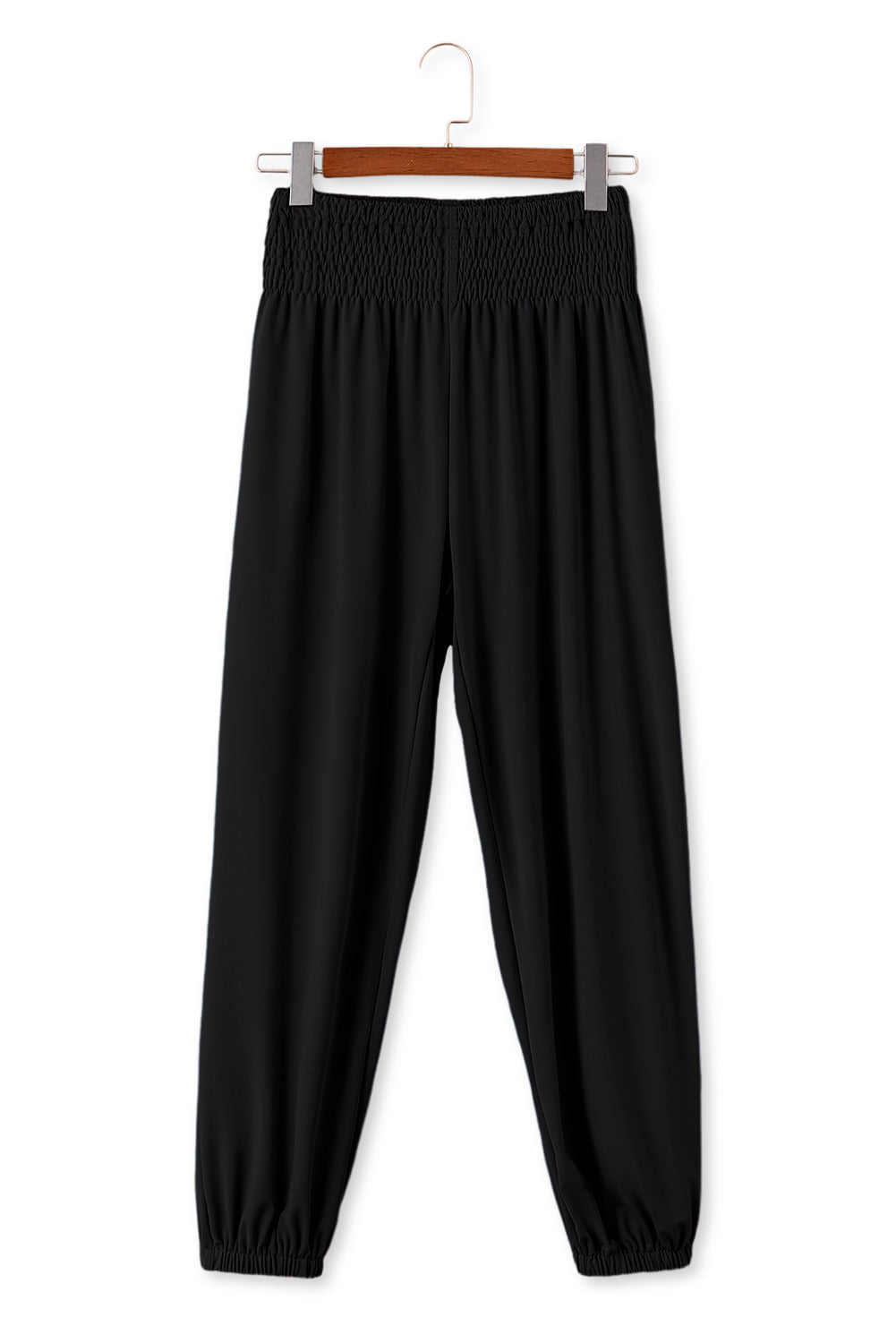 Black Pocketed Smocked High Waist JoggersMaterial:95%Polyester+5%Elastane



		These jogger pants are very cozy to wear with 95%Polyester+5%Elastane made
	
	
		The smocked design adds a stylish touch a