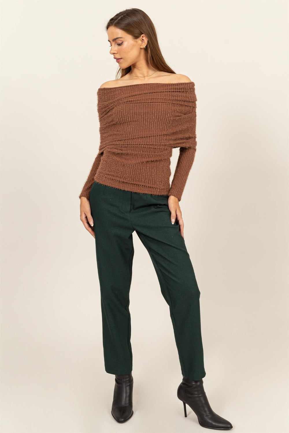 HYFVE Fuzzy Off Shoulder Textured Knit TopEnhance your style with this sophisticated Fuzzy Off-Shoulder Textured Knit Top. Boasting a unique combination of ribbed and fuzzy textures, this knit top is not onl