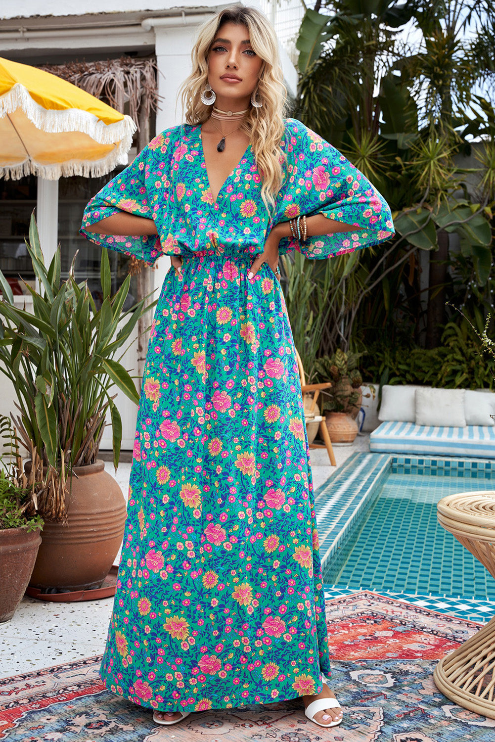 Floral Print Deep V Neck Flutter Sleeve Boho Maxi Dress