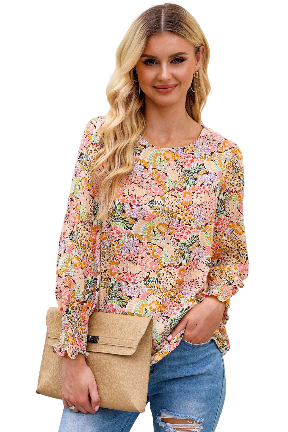 Multicolor Floral Print Smocked Cuffs Long Sleeve BlouseMaterial:100%Polyester


	

			The Floral Print Smocked Cuffs Long Sleeve Blouse is a feminine and elegant addition to any wardrobe. Its delicate floral print and