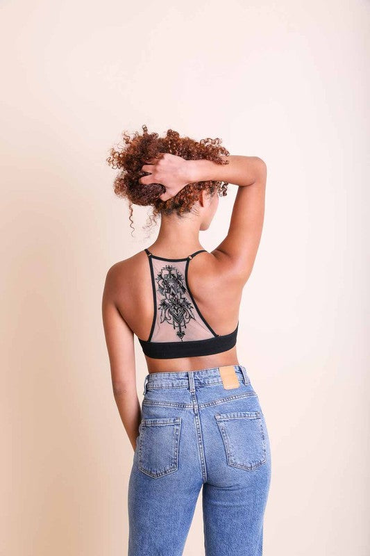 Tattoo Mesh Racerback BraletteTattoo Mesh Racerback BraletteNo Adjustable StrapHeat Stamped Care LabelImmediate ShippingCup Fit XS/S: 32A 32B 32C 34A 34BM/L: 32D 34C 36B 36C 38BModel Measurements