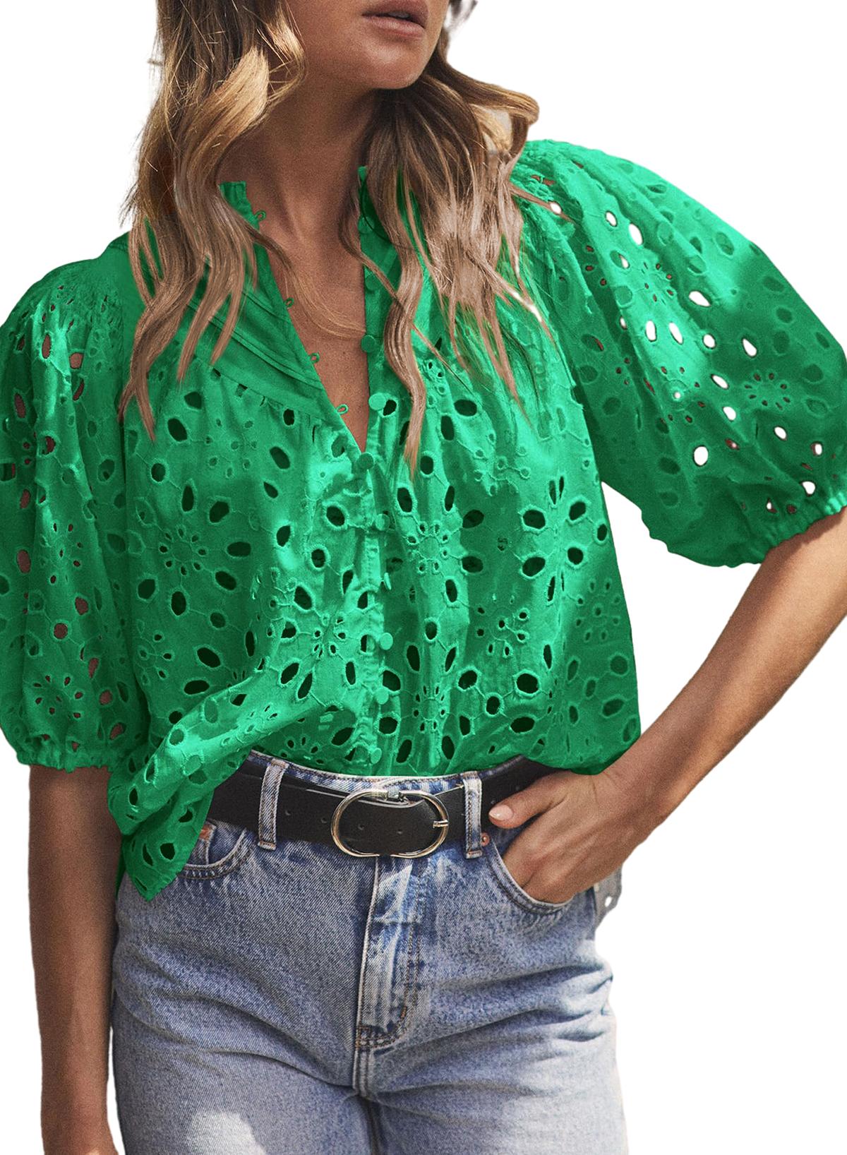 Green Flower Hollow-out Short Puff Sleeve BlouseMaterial:100%Cotton



		With charming floral details and hollow-out accents, this blouse offers a touch of elegance and femininity.
	
	
		Featuring short puff 