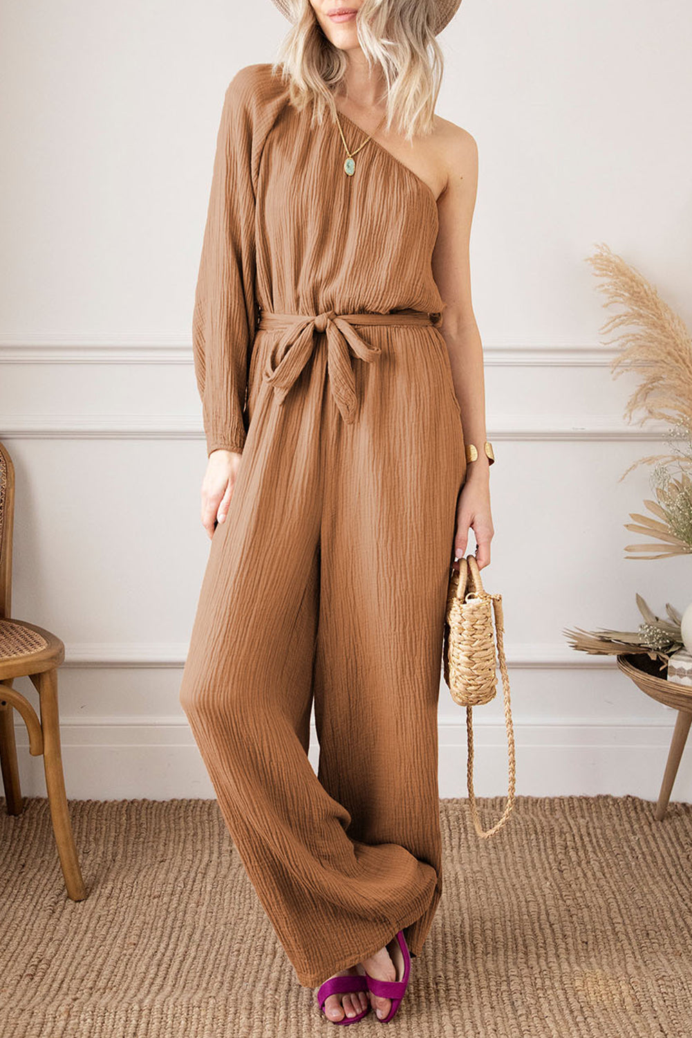 Khaki Crinkled Texture One Shoulder Loose JumpsuitMaterial:100%Cotton


	


		Turn heads with confidence in this flirty one-shoulder jumpsuit designed for women. 
	
	
		Crafted from lightweight and flowy mate