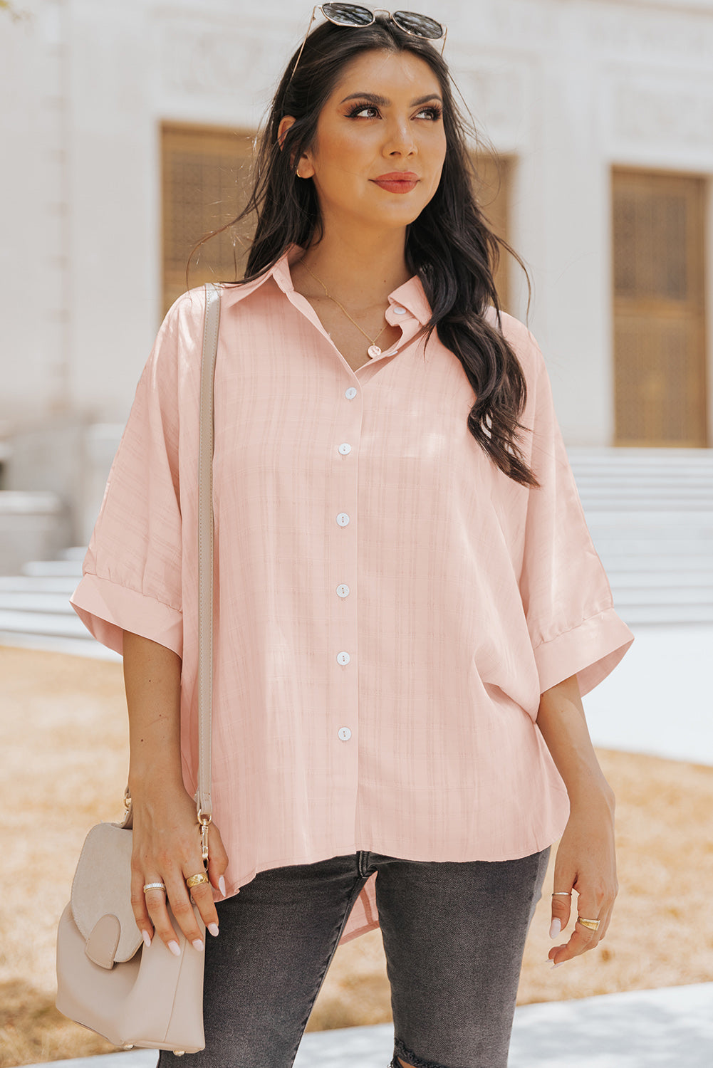 Pink Half Sleeve Collared Button Up BlouseMaterial:100%Polyester



		It features a flattering high-low hemline for a stylish touch.
	
	
		The collared design adds a touch of sophistication.
	
	
		Th