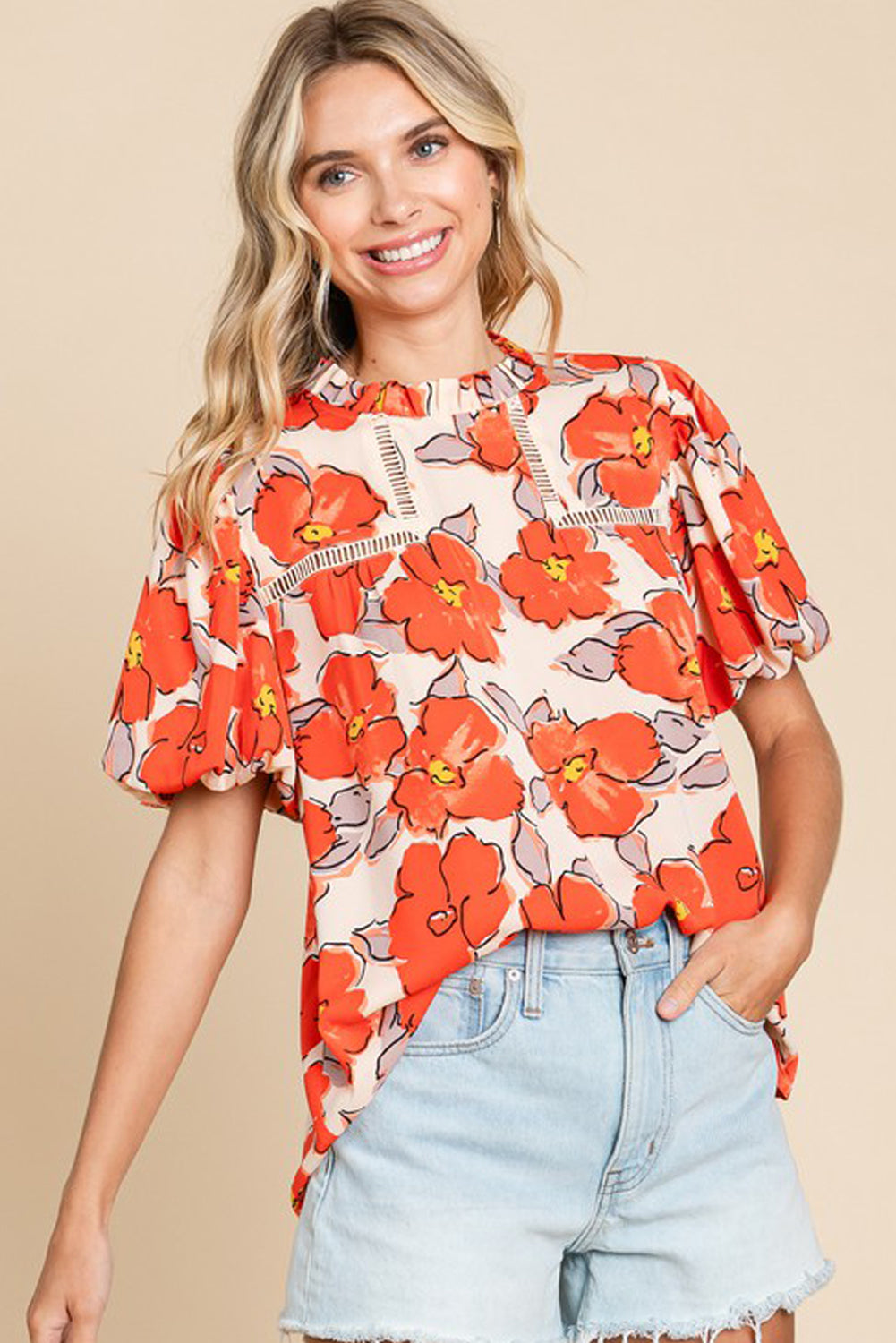 Orange Boho Floral Bubble Sleeve Frill Neck BlouseMaterial:100%Polyester



		The blouse features a beautiful floral print, adding a touch of nature and vibrancy to your outfit. 
	
	
		The bubble sleeves create