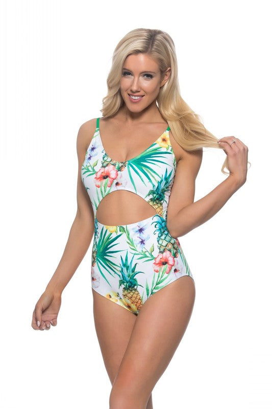 Pineapple cutout one piece swimsuitTropical printed one-piece swimsuit with ruching at middle of bust. Cutout at front of waist and lower back. Clasp closure at upper back. Halter neck adjustable stra