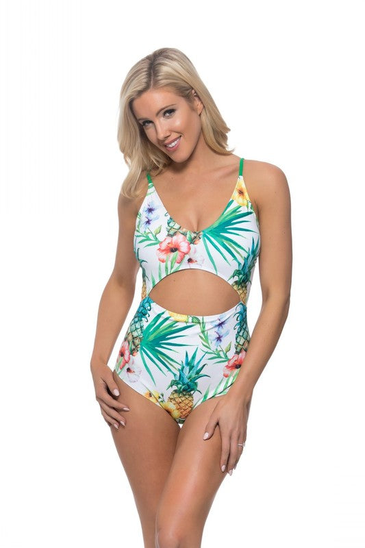 Pineapple cutout one piece swimsuitTropical printed one-piece swimsuit with ruching at middle of bust. Cutout at front of waist and lower back. Clasp closure at upper back. Halter neck adjustable stra