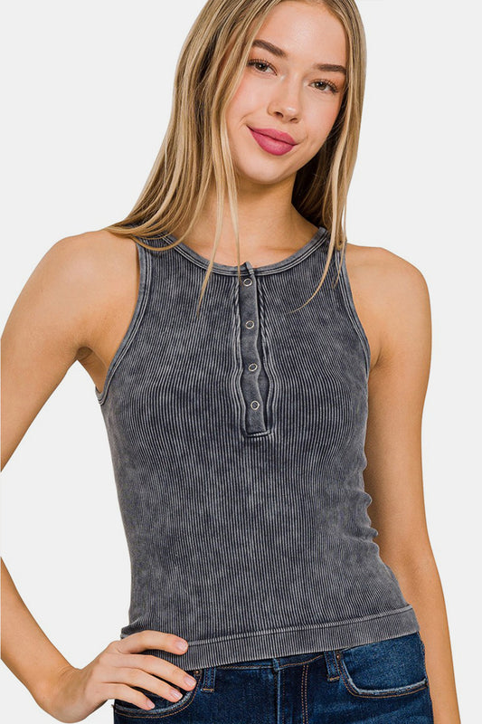 Zenana Washed Ribbed Half Snap Seamless TankThe Washed Ribbed Half Snap Seamless Tank offers a stylish and versatile addition to your wardrobe. Featuring a ribbed texture and half snap design, this tank top co