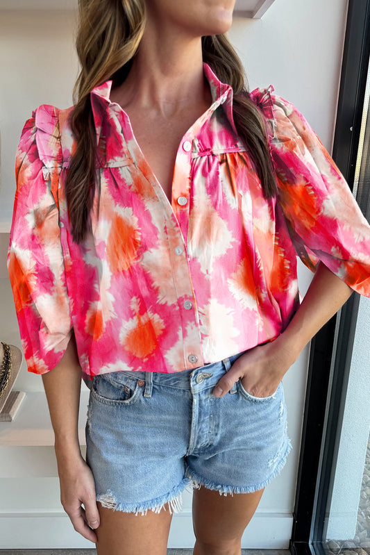 Multicolour Tie Dye Abstract Print Ruffle Puff Sleeve Pleated BlouseMaterial:100%Polyester



		This shirt features a unique tie-dye print that is sure to turn heads. 
	
	
		The vibrant colors and abstract design make it a perfe